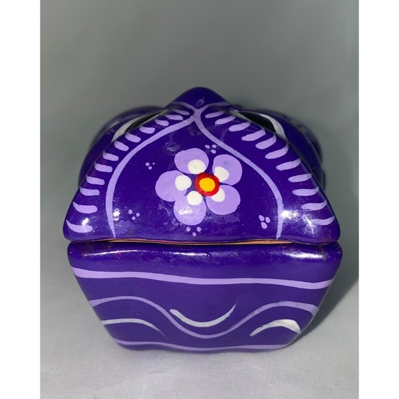 Hand Painted Red Clay Pottery Purple Owl Trinket Box - Picture 4 of 5
